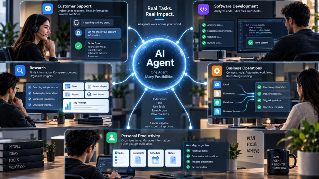 Five AI agent applications including customer support, software development, research, business operations, and personal productivity connected to a central AI agent.