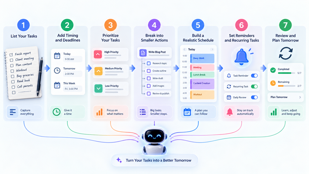 Seven-step AI daily planning process from listing tasks to reviewing unfinished work.
