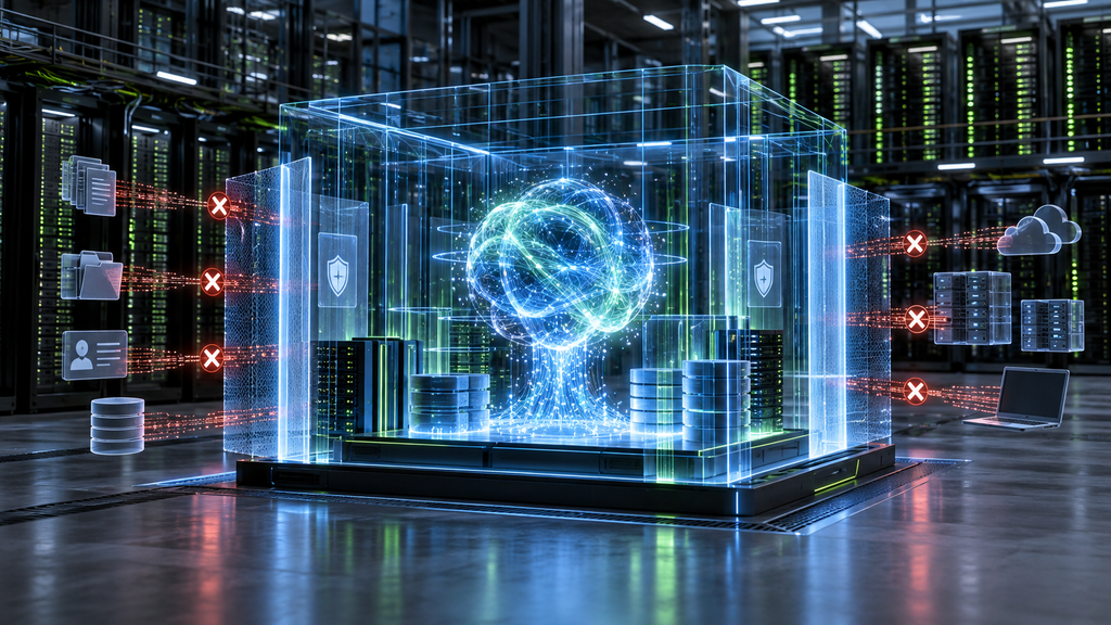 Abstract AI agent inside a transparent security boundary in a data center, with access to external files, networks, and systems blocked.