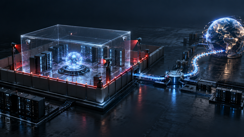 Editorial illustration of an AI agent inside an isolated server environment, with a network path leading through a gateway to the internet.