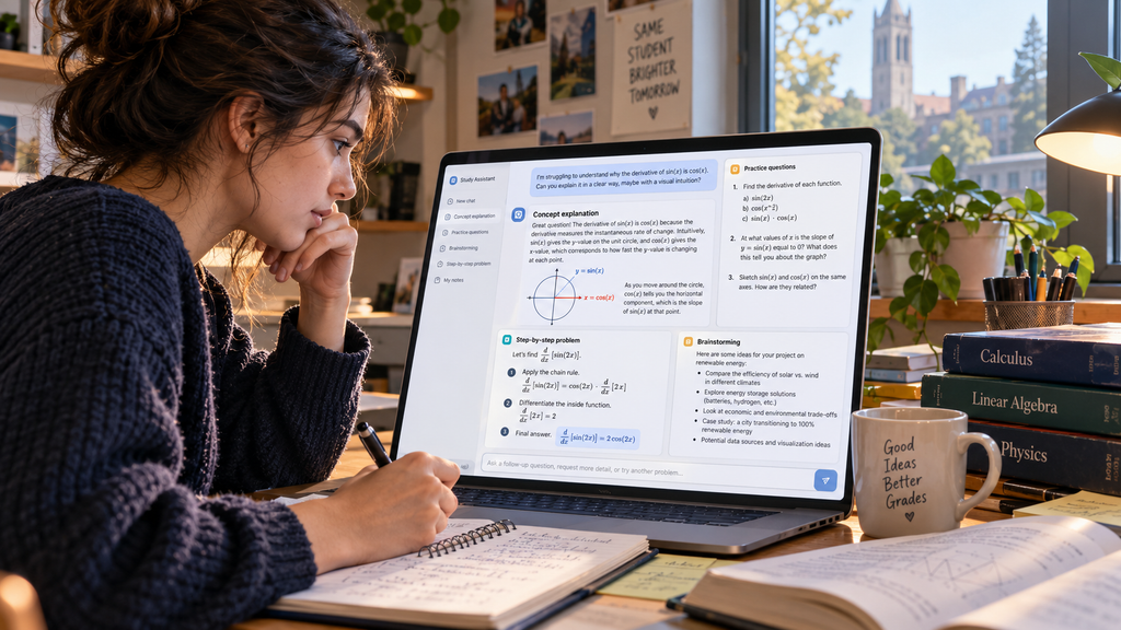 Student taking notes beside a laptop showing an AI concept explanation, practice questions, brainstorming, and worked steps