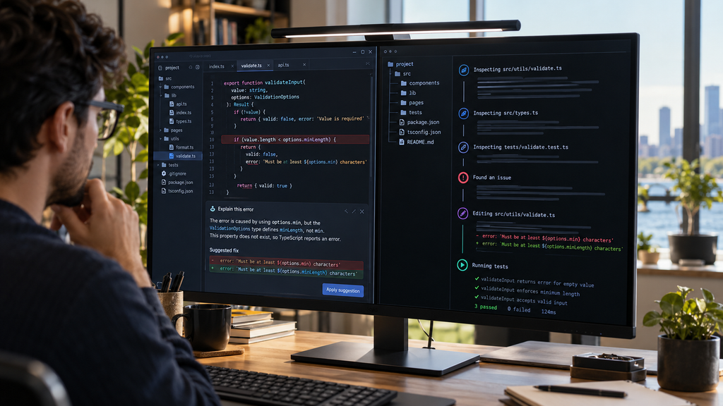 Developer screen showing an AI explanation beside code and a terminal agent inspecting files and running tests