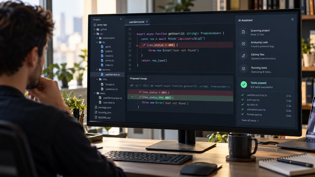 Monitor showing an AI agent reviewing project files, proposing a code fix, and checking test results