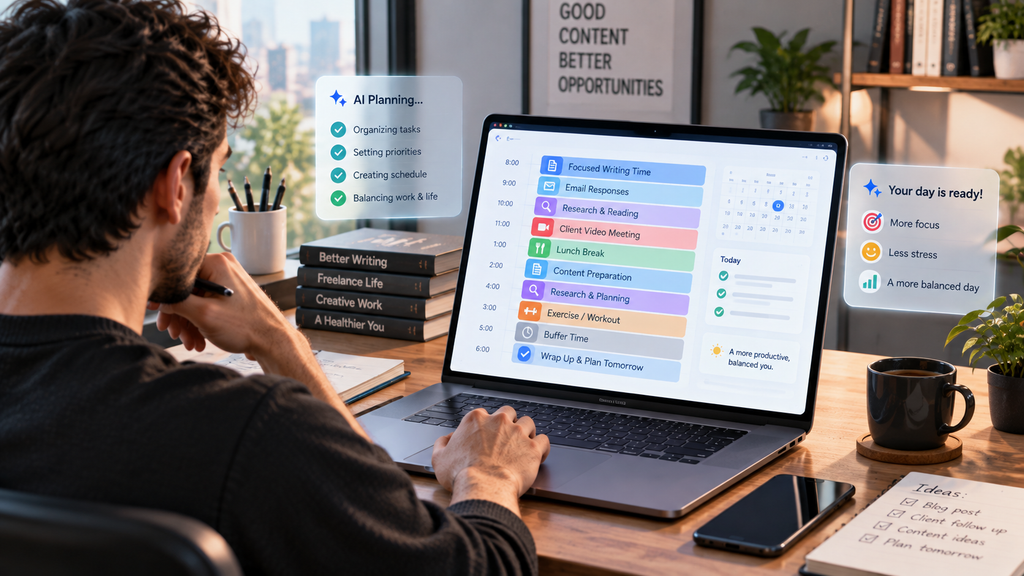 Freelancer viewing an AI-generated daily schedule with writing, emails, meetings, research, breaks, and exercise.