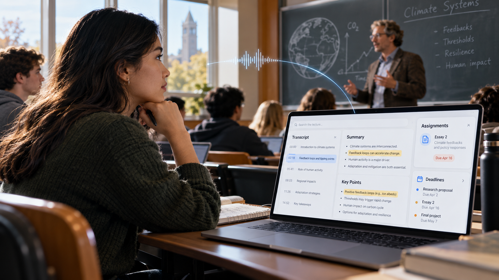 Student listening to a professor while a laptop displays a searchable transcript, summary, key points, and deadlines