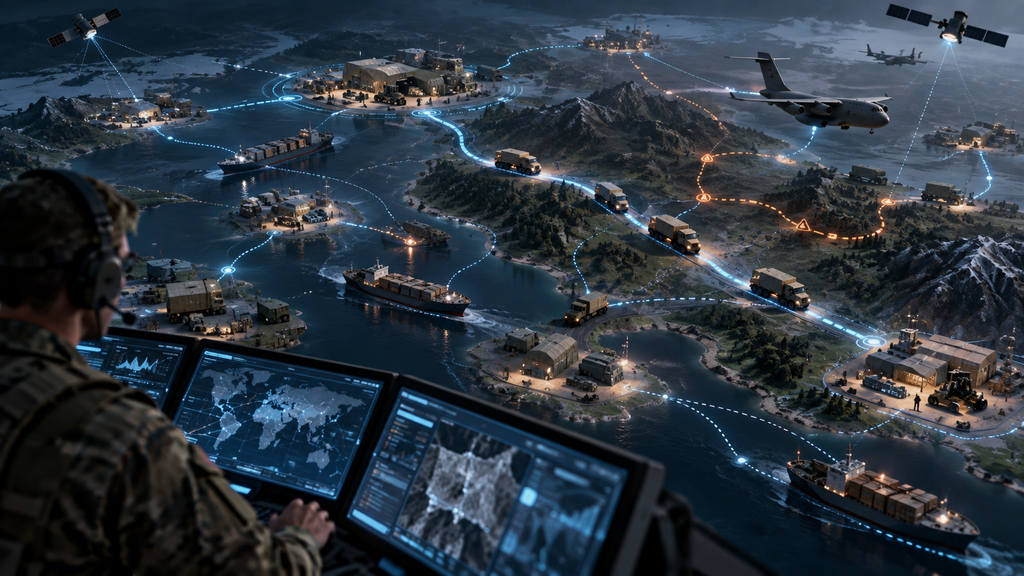 AI-powered military logistics network showing cargo vehicles and shipments moving across multiple dynamic supply routes.