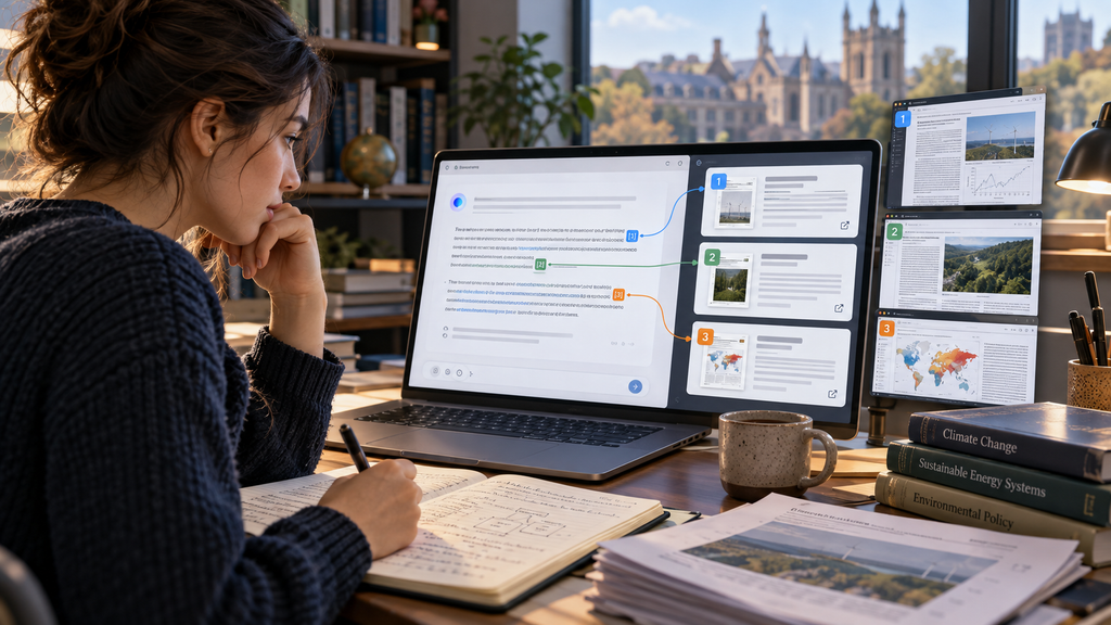 Student reviewing an AI research answer linked by numbered citations to three source documents