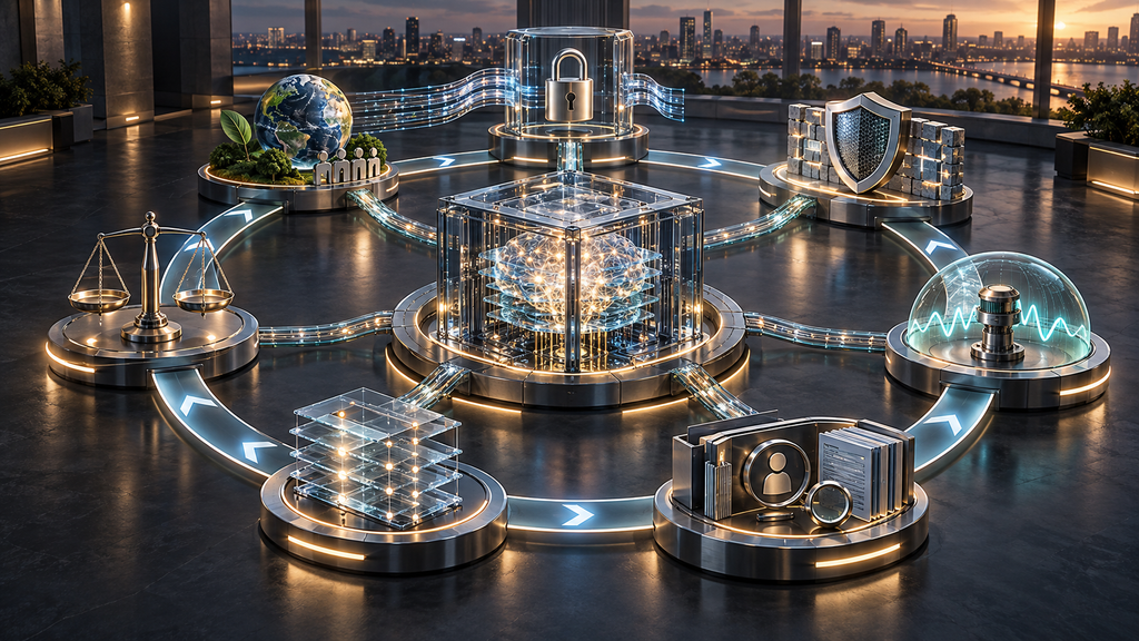 Central AI core connected by a circular loop to symbols of privacy, cybersecurity, fairness, safety, transparency, accountability, and environmental impact.