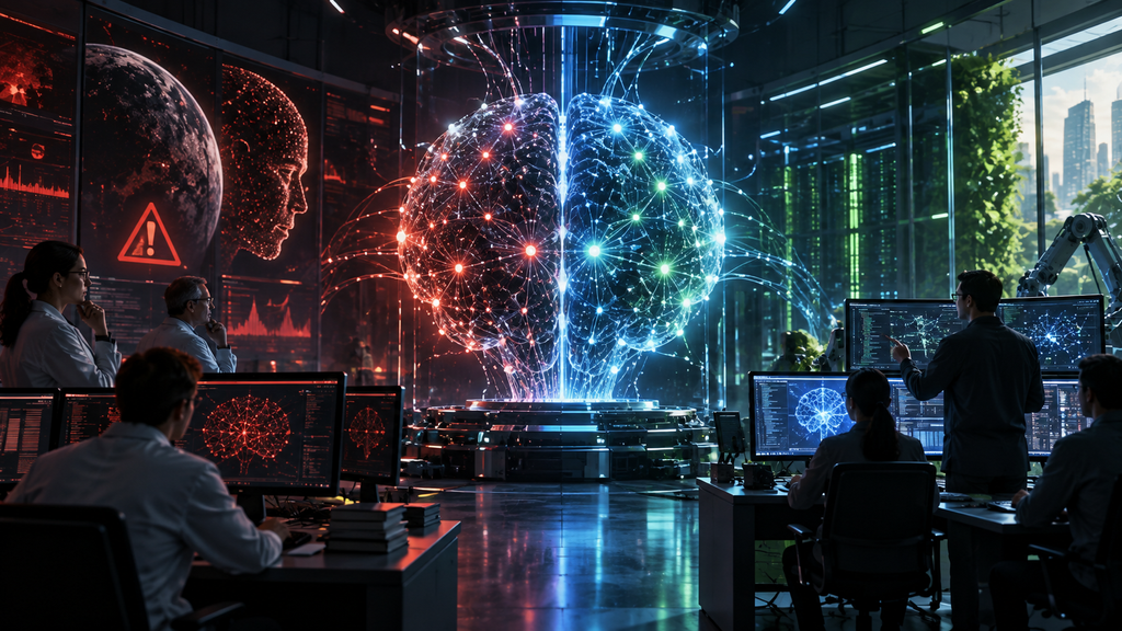 Researchers monitor a powerful AI system as concerns about AI safety and catastrophic risks are evaluated.