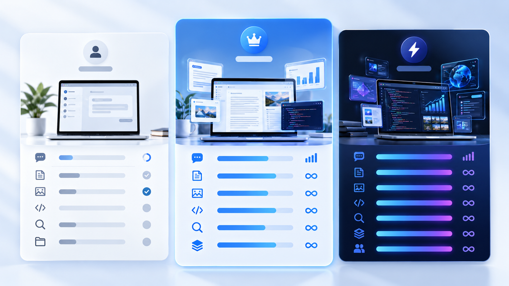 AI subscription comparison showing free, professional and high-usage plans with different features and usage limits.