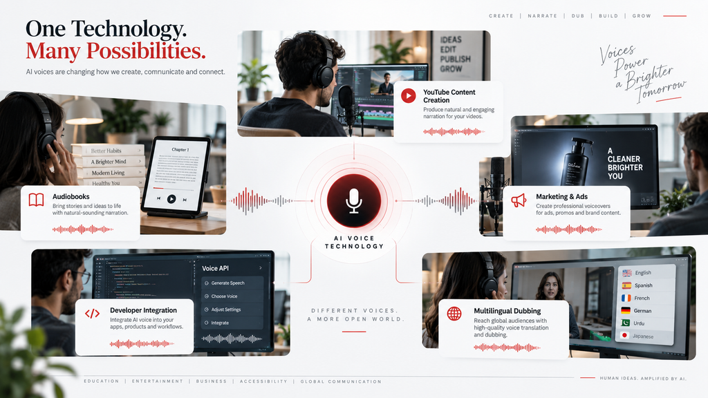 AI voice technology use cases for YouTube, audiobooks, marketing, apps, and multilingual dubbing