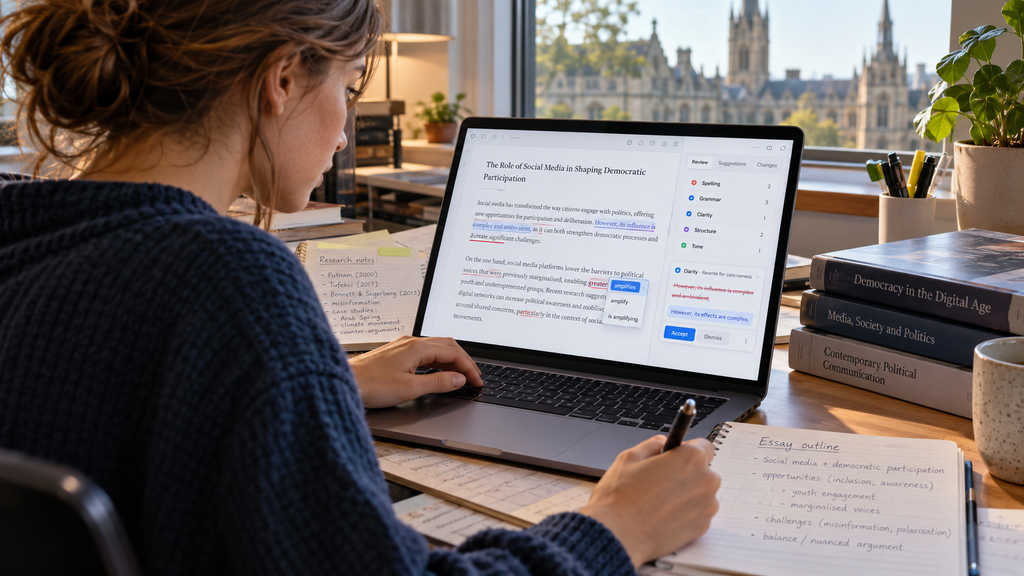 Student reviewing an essay on a laptop with suggestions for spelling, grammar, clarity, structure, and tone
