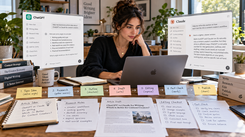 Content creator at a desk using ChatGPT and Claude across a seven-stage article writing workflow.