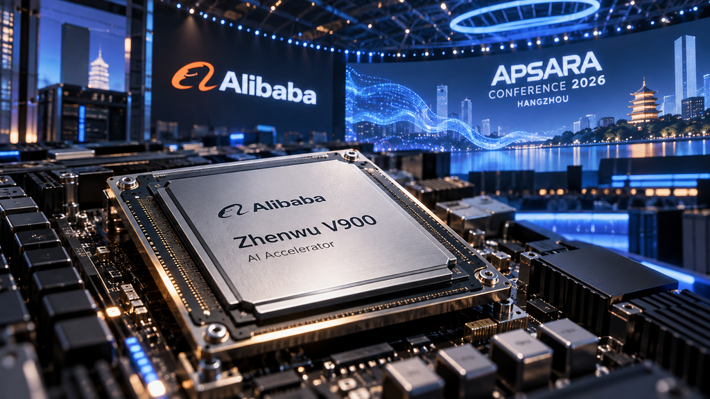 Alibaba Zhenwu V900 AI chip displayed on a server board with the Apsara Conference 2026 environment in the background.