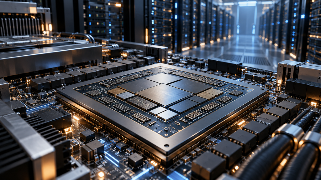 Close-up illustration of an AI accelerator package on a detailed computing board, with illuminated server racks in the background.