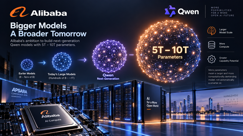 Infographic showing Alibaba Qwen AI models scaling toward 5 trillion to 10 trillion parameters with AI chips and data-center infrastructure.