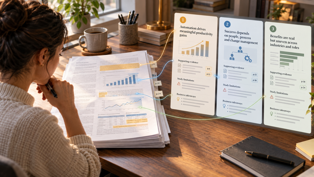 Researcher examines a multi-page paper while highlighted passages connect to three findings, supporting evidence, limitations, and business takeaways.