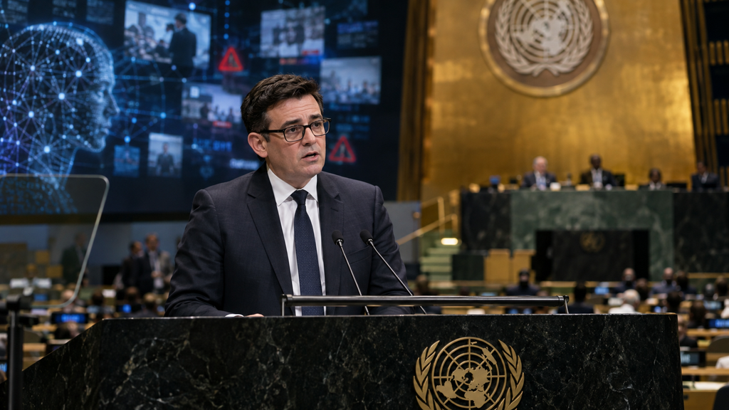 Andy Burnham speaking at the UN General Assembly about AI disinformation and global AI standards.