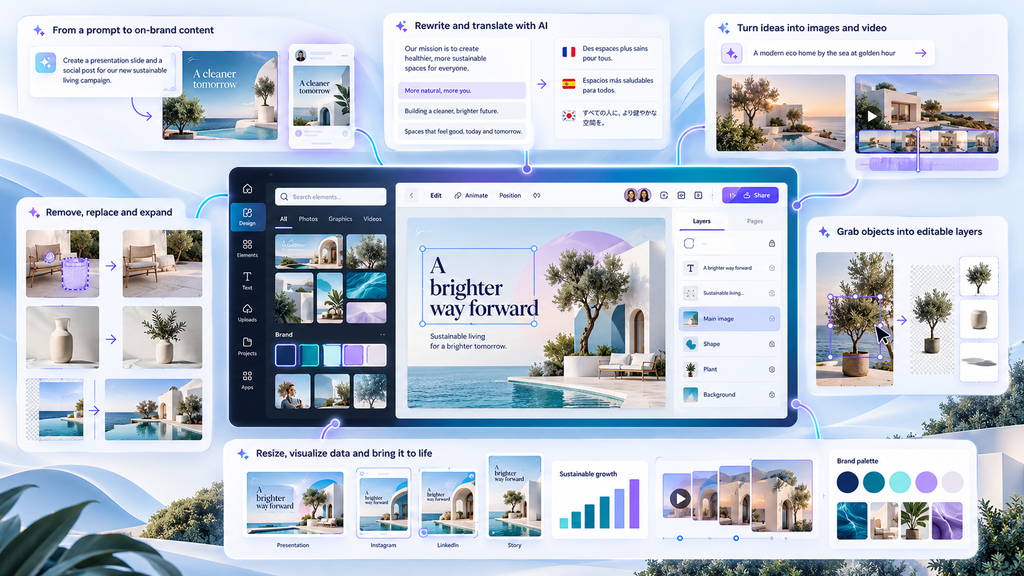 Canva-inspired design editor surrounded by examples of AI writing, image generation, photo editing, layers, resizing, charts, and brand controls.
