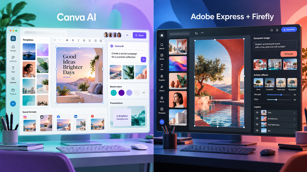 Side-by-side creative workspaces showing Canva AI design and collaboration tools alongside Adobe Express image generation and effects controls.