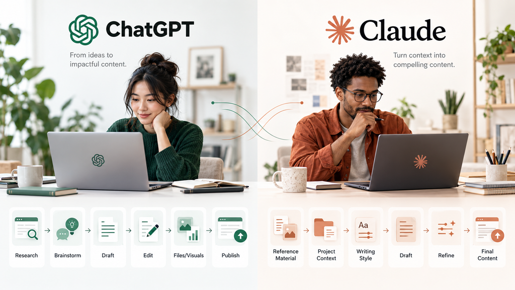 Split-screen infographic showing six content creation stages for ChatGPT and six for Claude.