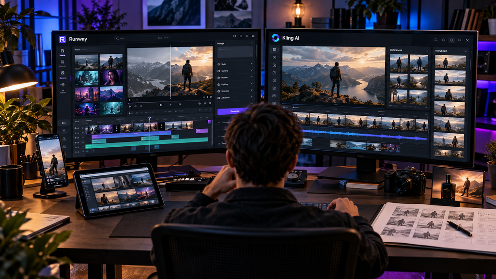 Creator at a dual-monitor workstation comparing Runway and Kling AI-inspired workflows, with a phone preview, tablet, camera, and storyboard nearby.