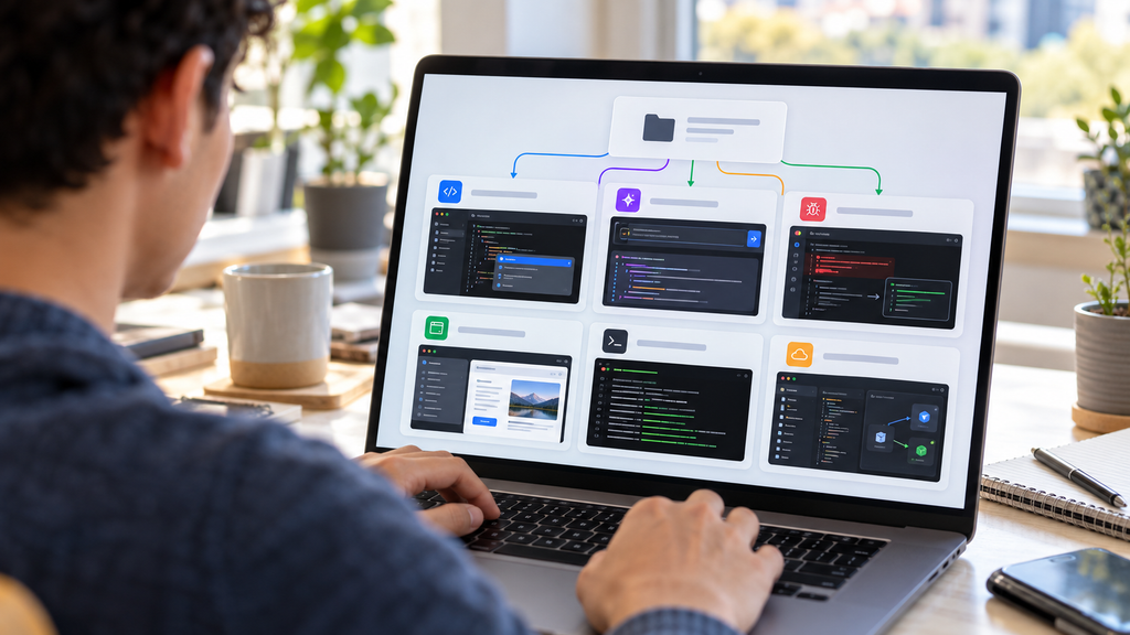 Beginner developer viewing six AI coding workflows on a laptop, including debugging, app building, and cloud development