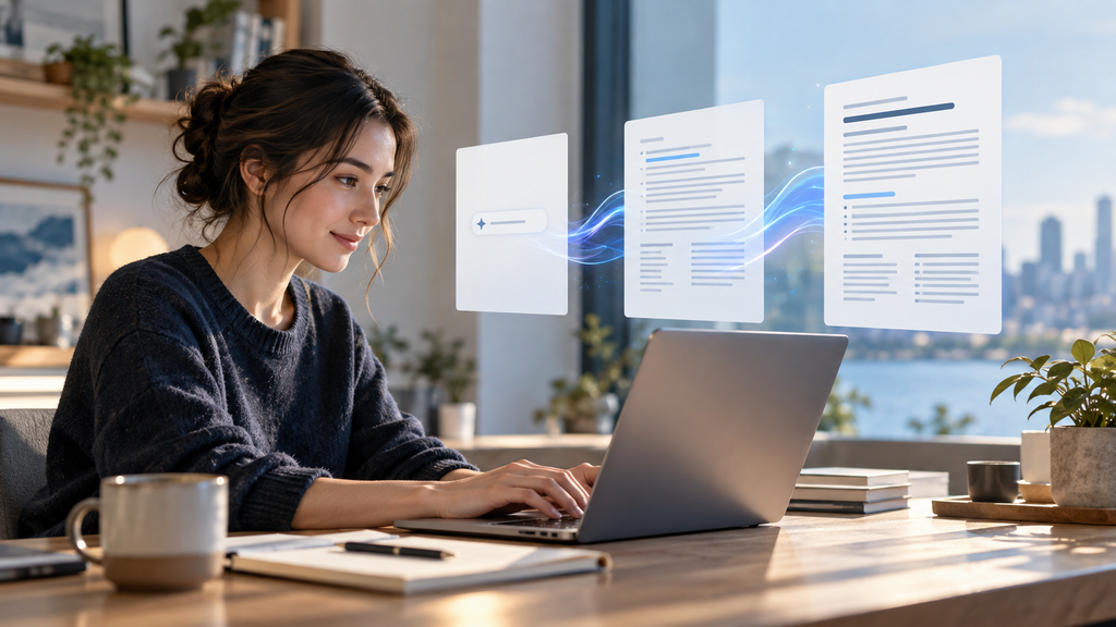 Blank document progressing into a structured first draft with AI assistance