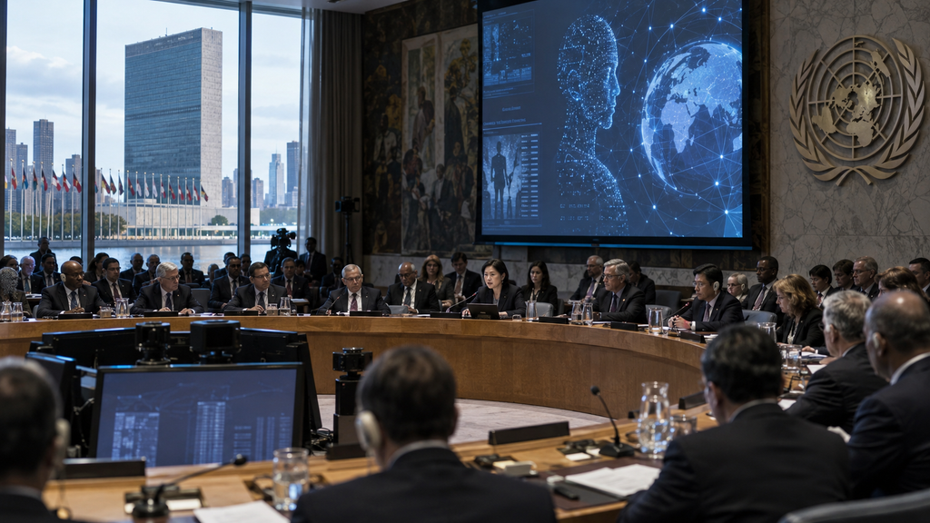 UN Security Council meeting discussing global AI risks with an artificial intelligence visualization displayed in the chamber.