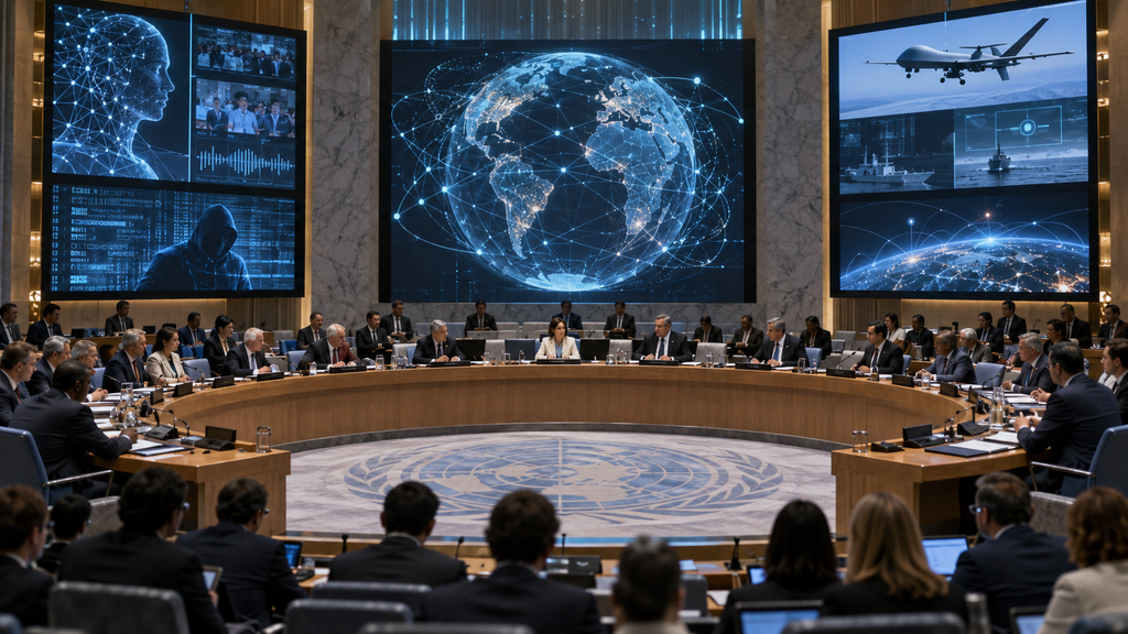 Diplomats sit around a curved council table beneath large displays showing global AI networks, cybersecurity, and autonomous systems.