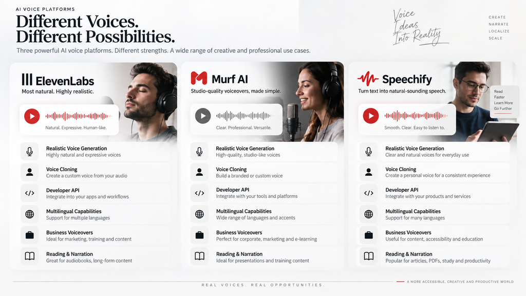 ElevenLabs vs Murf AI vs Speechify comparison of AI voice generation features and use cases