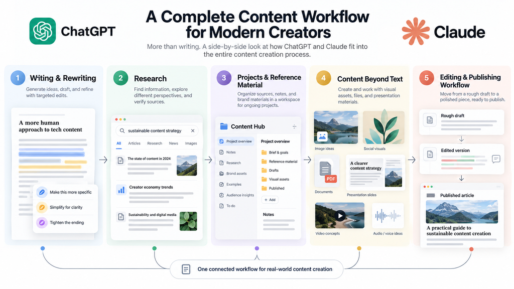 Infographic showing writing, research, project materials, content beyond text, and publishing workflows.
