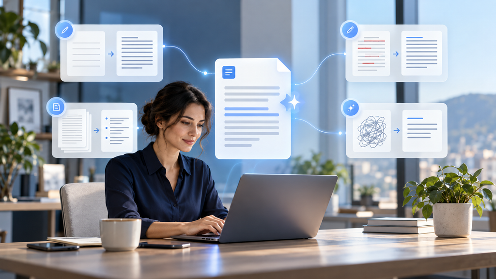 Four visual examples of AI helping write, edit, summarize and simplify a document
