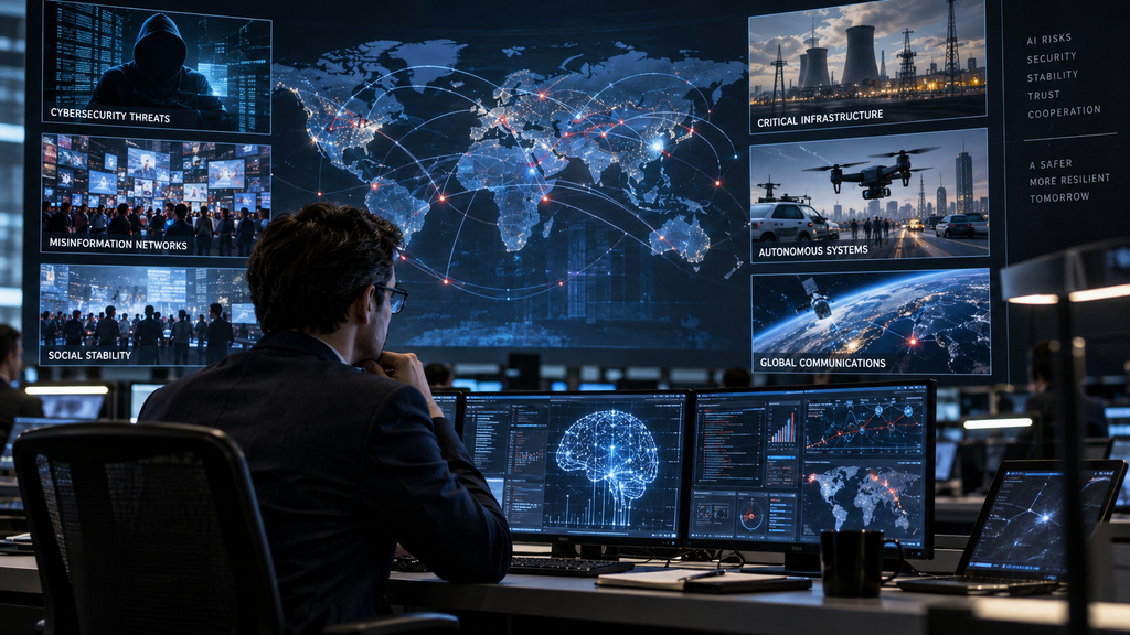 Security analyst monitoring AI risks involving cybersecurity, misinformation, critical infrastructure, autonomous systems, and global communications.