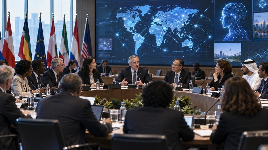 International policymakers and AI experts discussing global artificial intelligence governance at a professional conference.