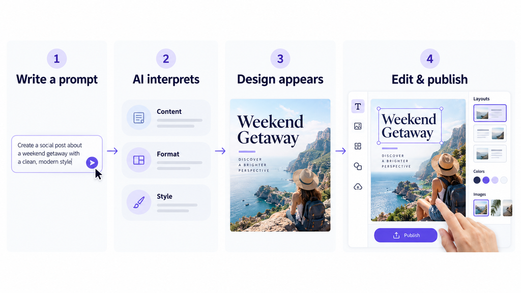 Four-panel graphic showing a design prompt, AI interpretation, generated social post, and editable publishing workspace.