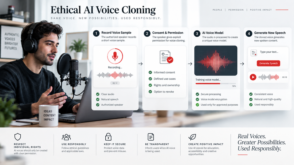 Ethical AI voice cloning process from authorized voice recording to generated speech