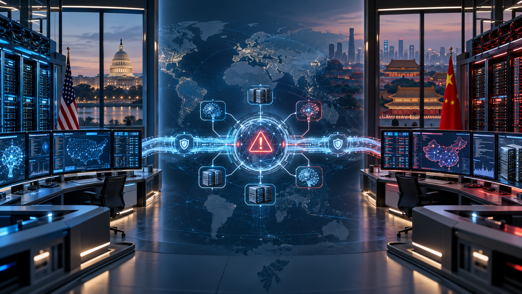 Conceptual US and China command centers linked by a secure digital channel, with an AI incident alert at the center.