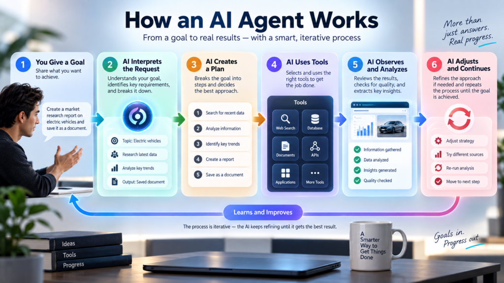 Six-step AI agent workflow showing goal interpretation, planning, tool use, result analysis, adjustment, and continued task execution.