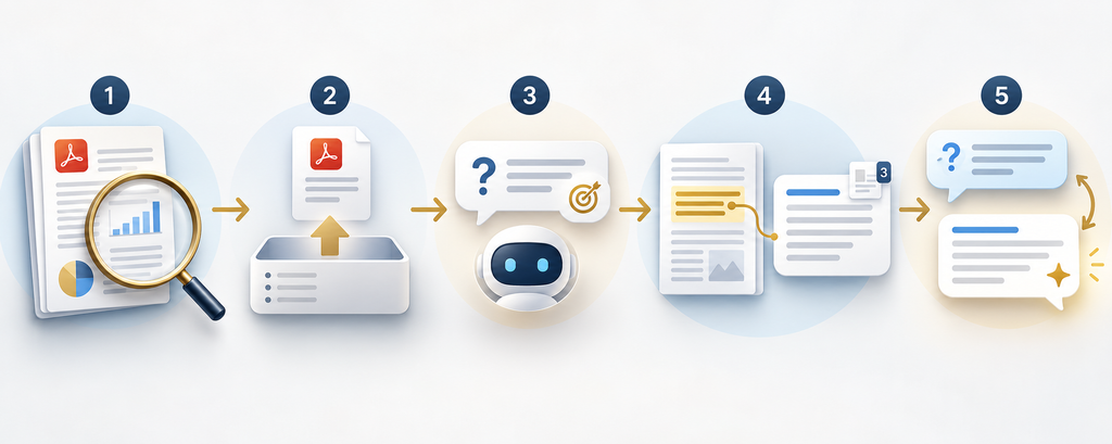 Five illustrated stages show checking a PDF, uploading it, asking a focused question, reviewing evidence, and asking follow-up questions.