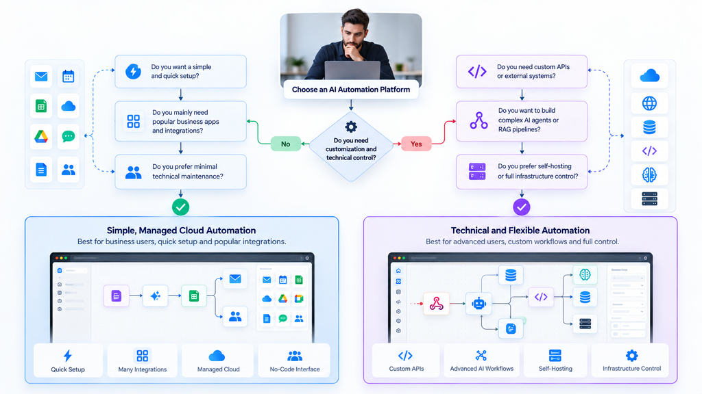Decision tree for choosing between simple managed cloud automation and technical AI automation with APIs, RAG, AI agents and self-hosting.