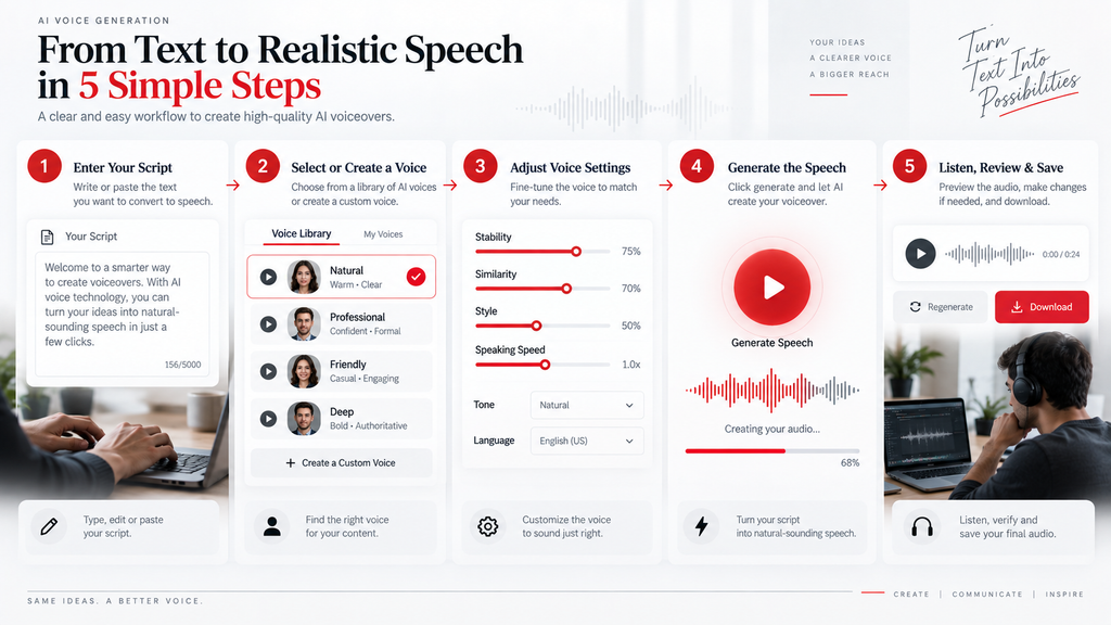 Five-step AI voice generation process from written script to finished audio