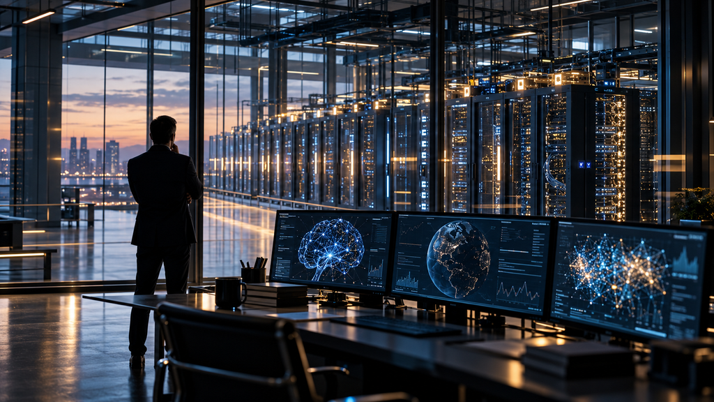 A technology executive viewed from behind observes server racks beside screens displaying neural networks and global computing patterns.