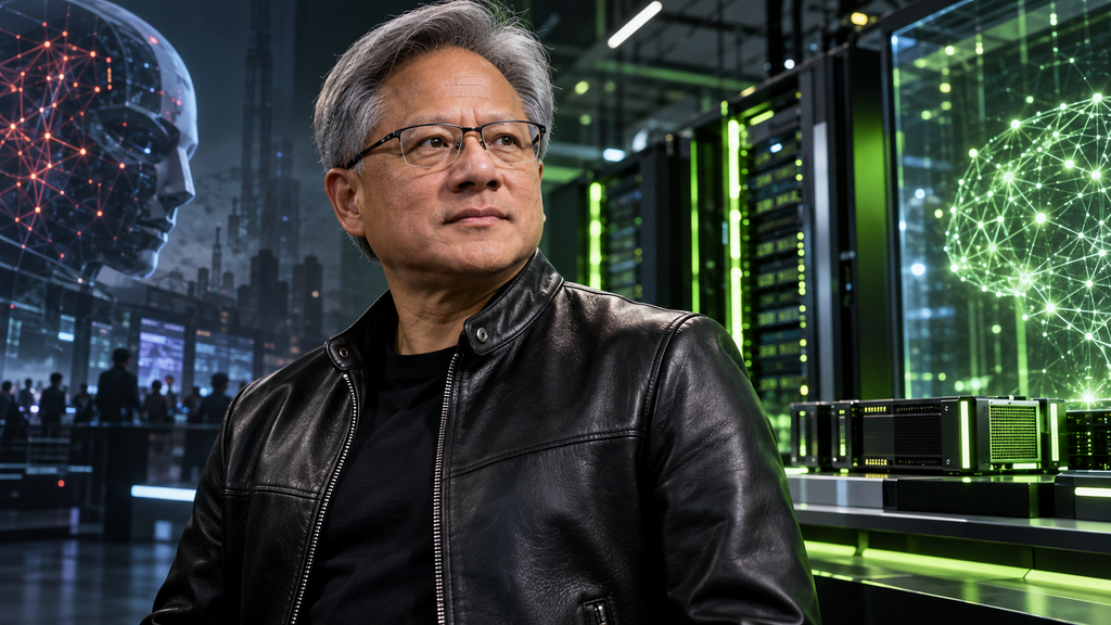 Nvidia CEO Jensen Huang in a futuristic AI computing environment discussing the future risks of artificial intelligence.