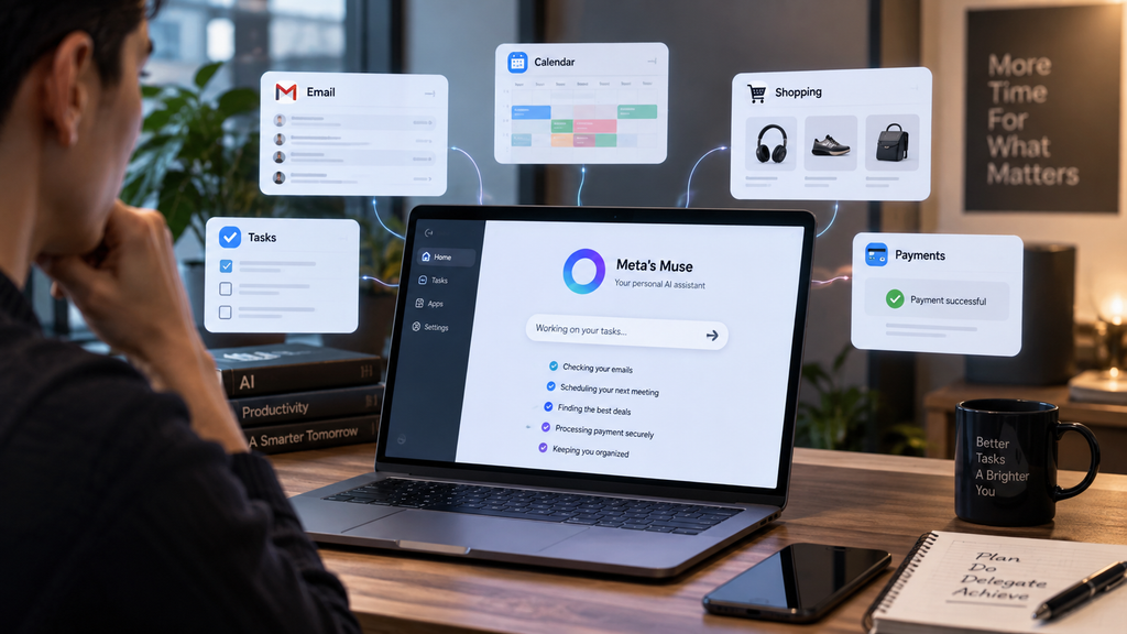 Meta’s Muse AI assistant coordinating email, calendar, shopping, payments, and everyday digital tasks on a laptop.