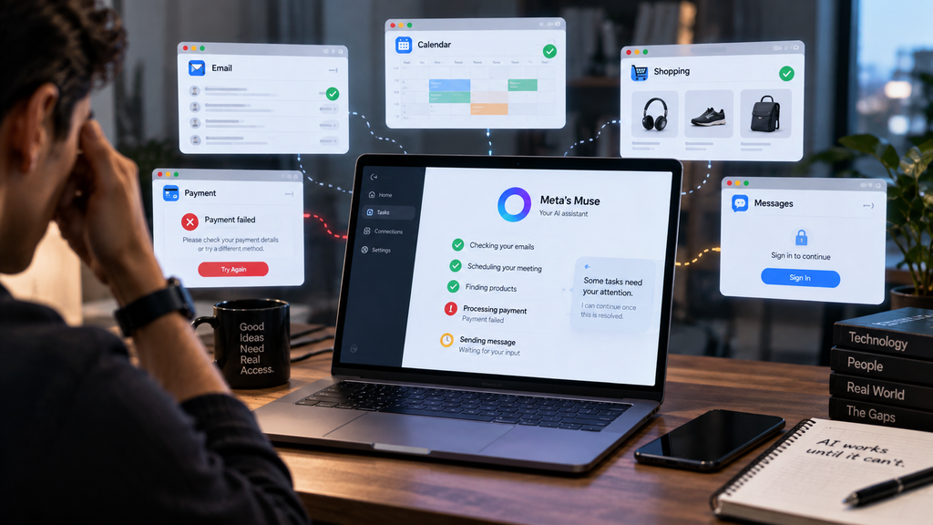 Meta’s Muse AI agent workflow showing completed tasks alongside a payment failure and messaging login barrier.