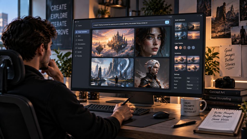 AI artist using a dedicated image generator for creative control, style consistency and detailed artwork.