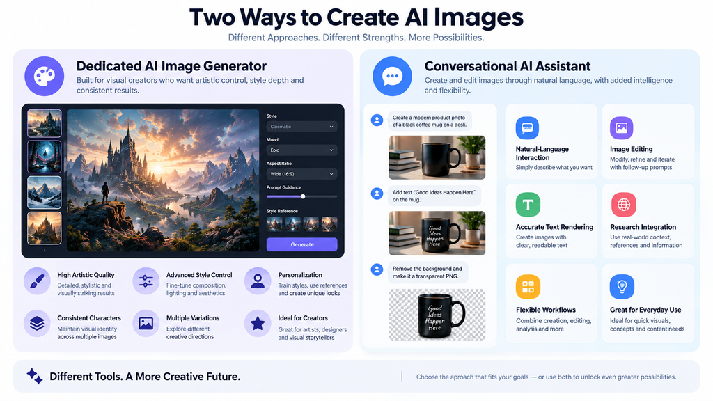 Midjourney vs ChatGPT infographic comparing artistic control, image editing, text rendering and conversational AI workflows.