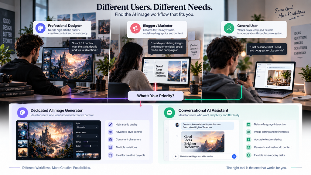 Midjourney vs ChatGPT workflow comparison for designers, marketers, bloggers and general AI image users.