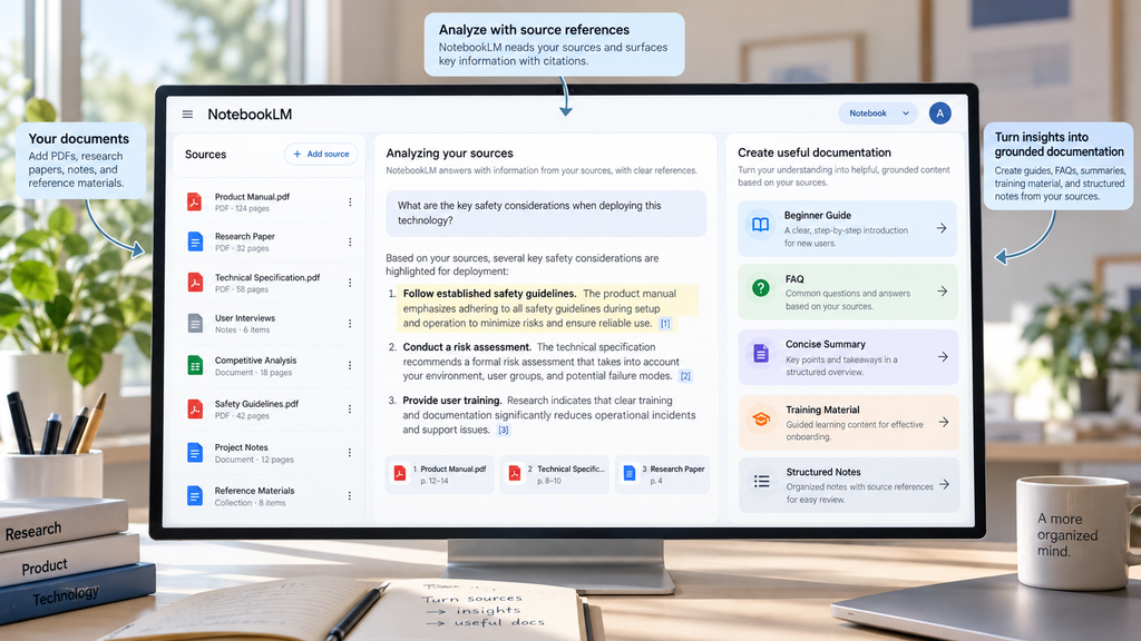 NotebookLM-inspired workspace showing uploaded PDFs, a source library, cited analysis, and documentation.